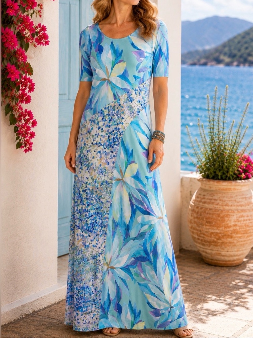 Soft Surroundings Stella Dress Maxi Scoop Neck Half Sleeve Blue Aqua Green L